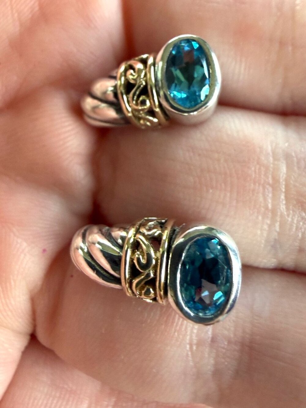 Vintage 925 Sterling Silver & 14K Gold Blue Topaz Drop Earrings - Picture 12 of 12